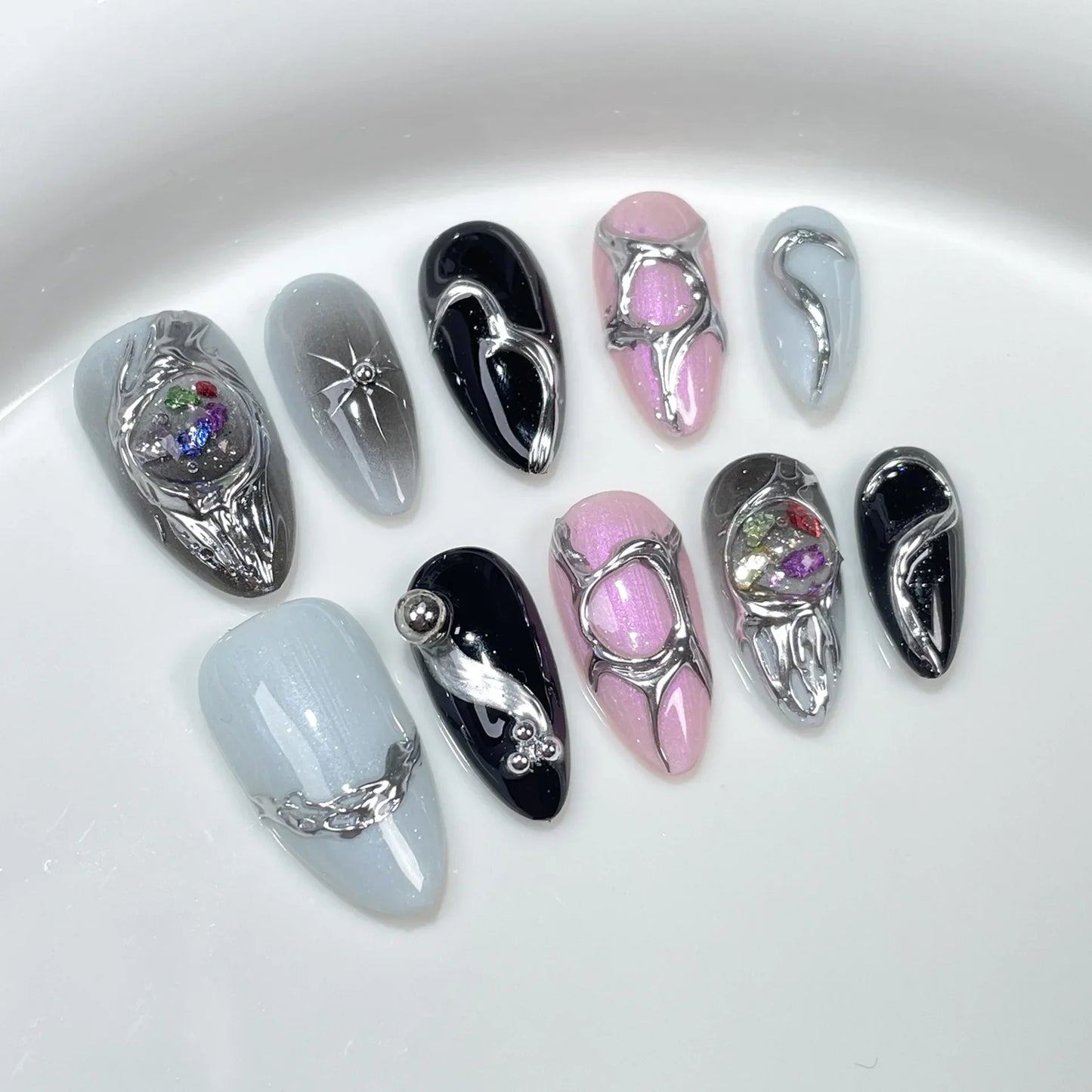 10 Pcs Metallic Glitter Press On Nails-17