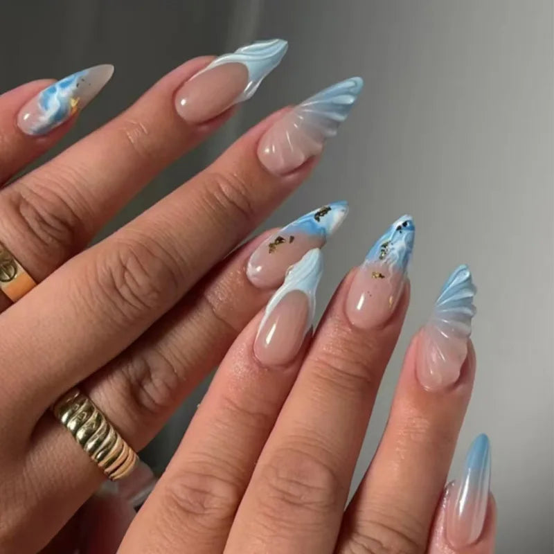Blue Long Stiletto Fake Nails-1
