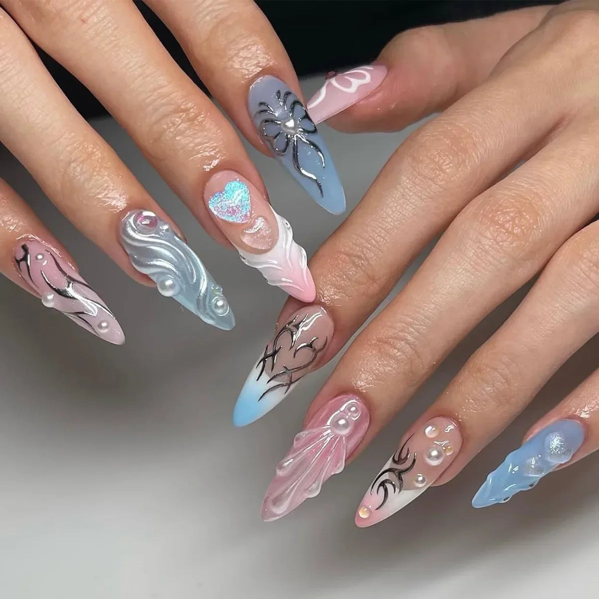 Blue Long Stiletto Fake Nails-2