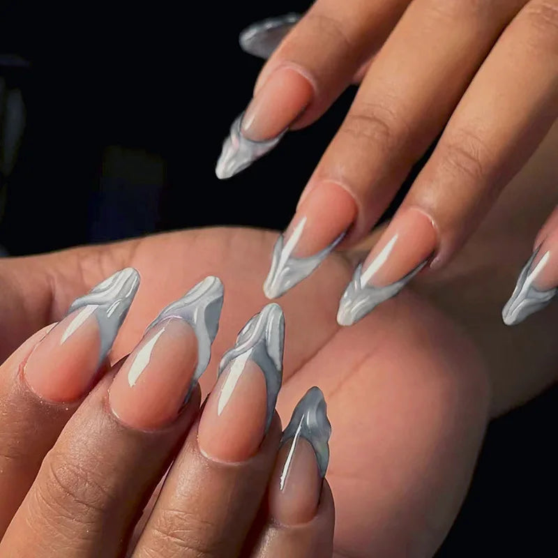Blue Long Stiletto Fake Nails-4