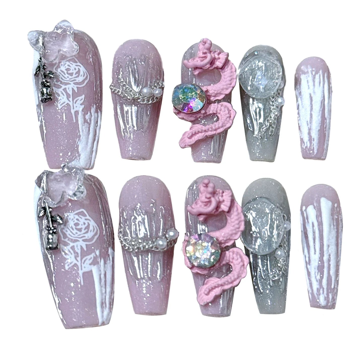 Handmade 3D Black Rose Flower Press-On Nails-5
