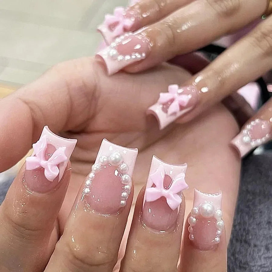 Mid Long Pink Leopard Press-On Nails with Bow-3