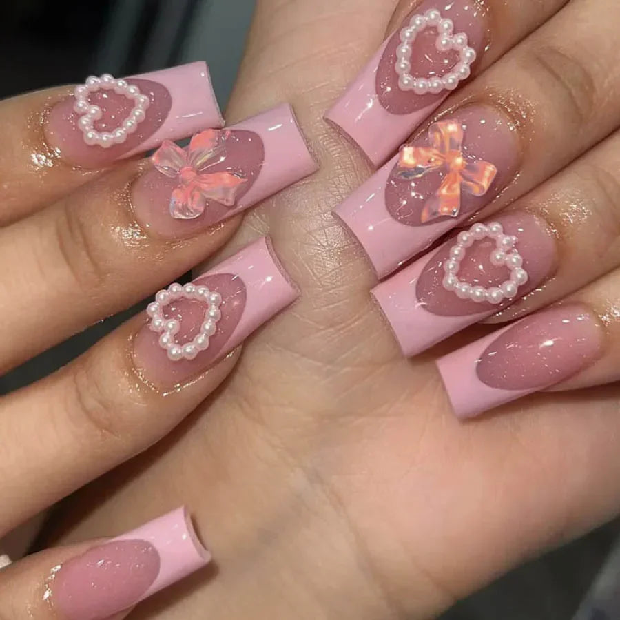 Mid Long Pink Leopard Press-On Nails with Bow-7