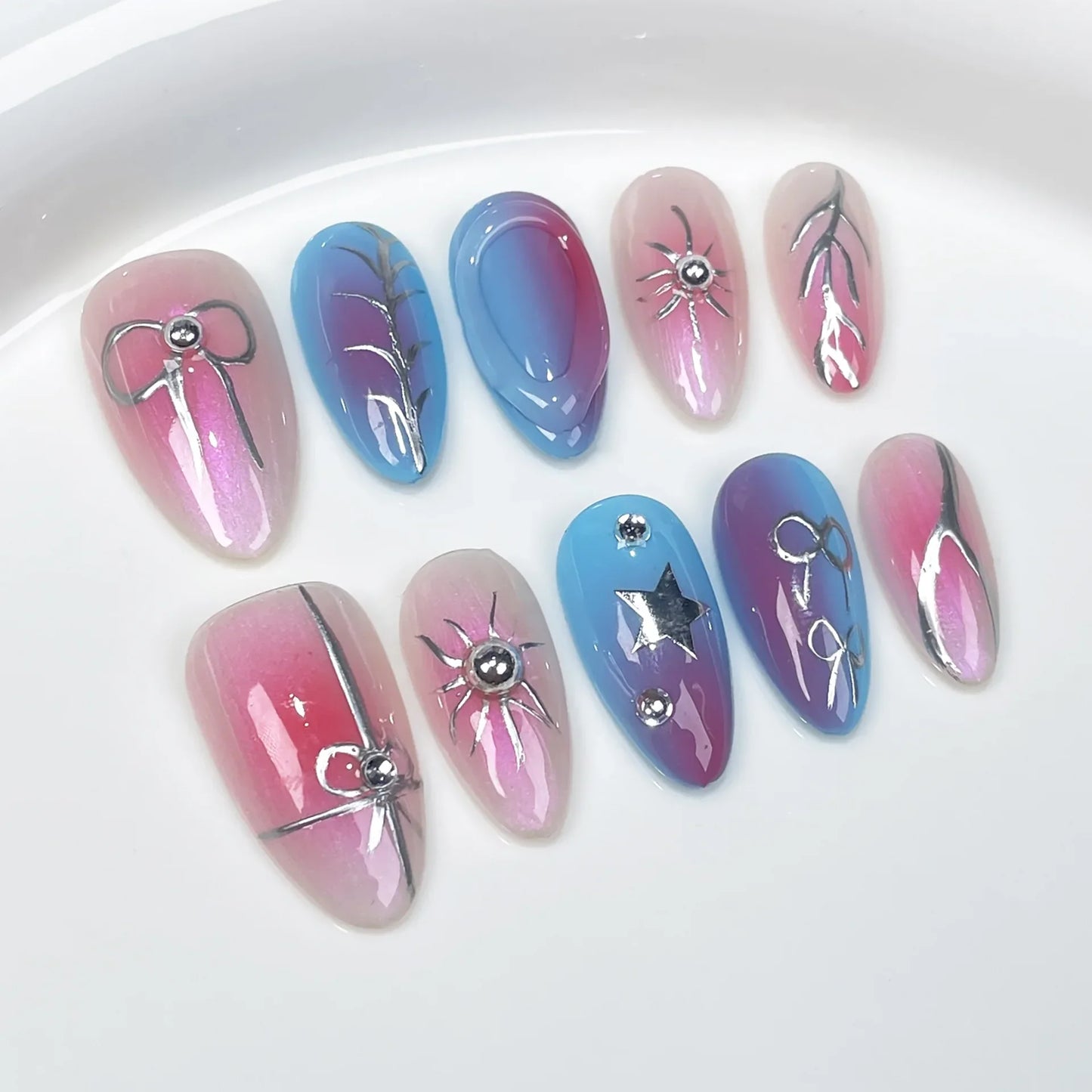 10 Pcs Metallic Glitter Press On Nails-3