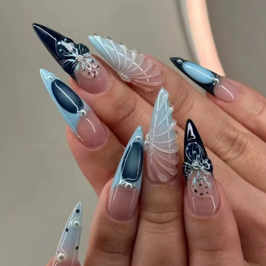 Blue Long Stiletto Fake Nails-0