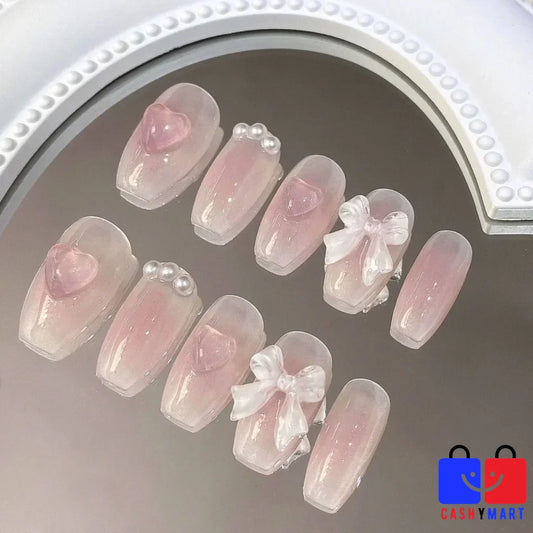 Blush Bow Short Fake Nails-0