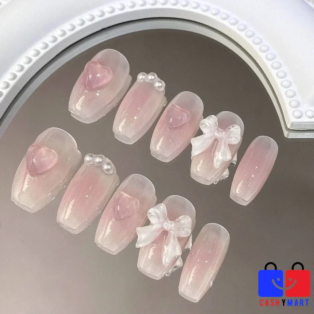 Blush Bow Short Fake Nails-1