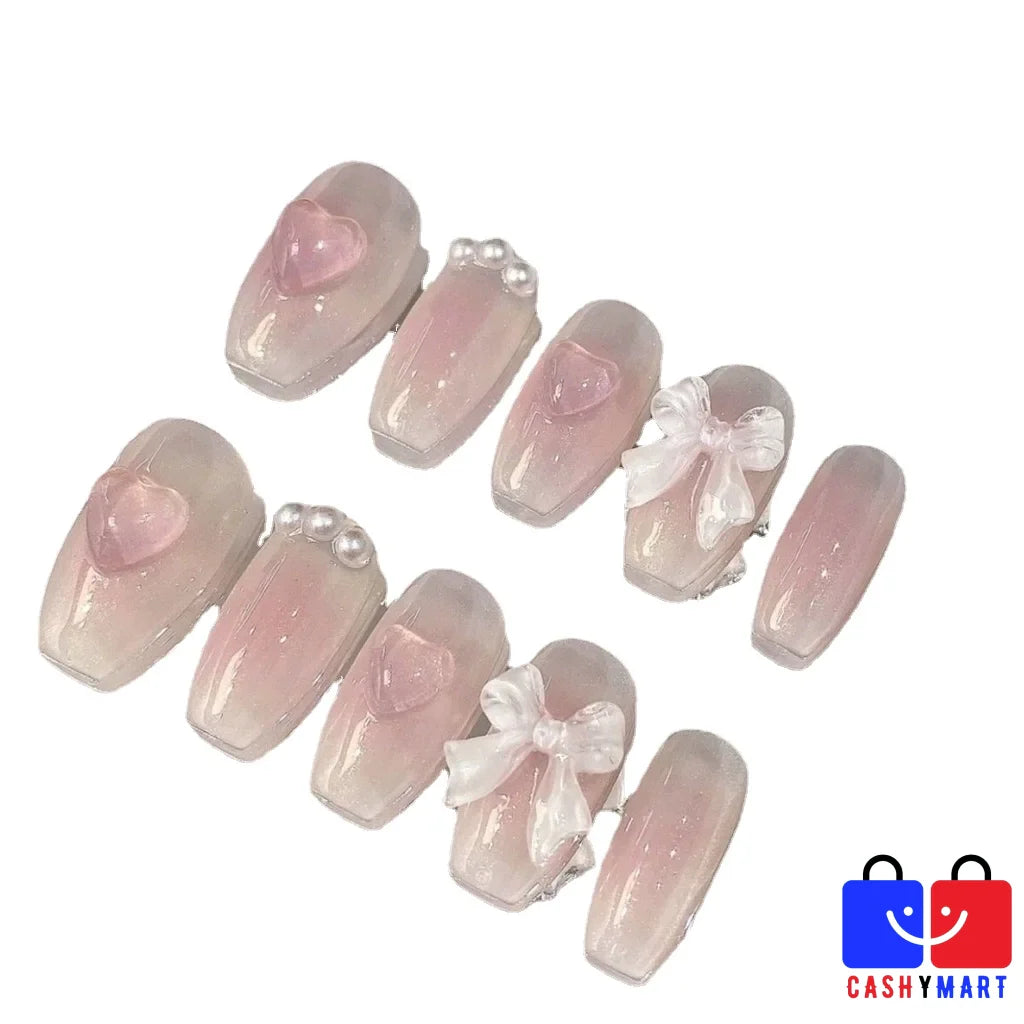 Blush Bow Short Fake Nails-2