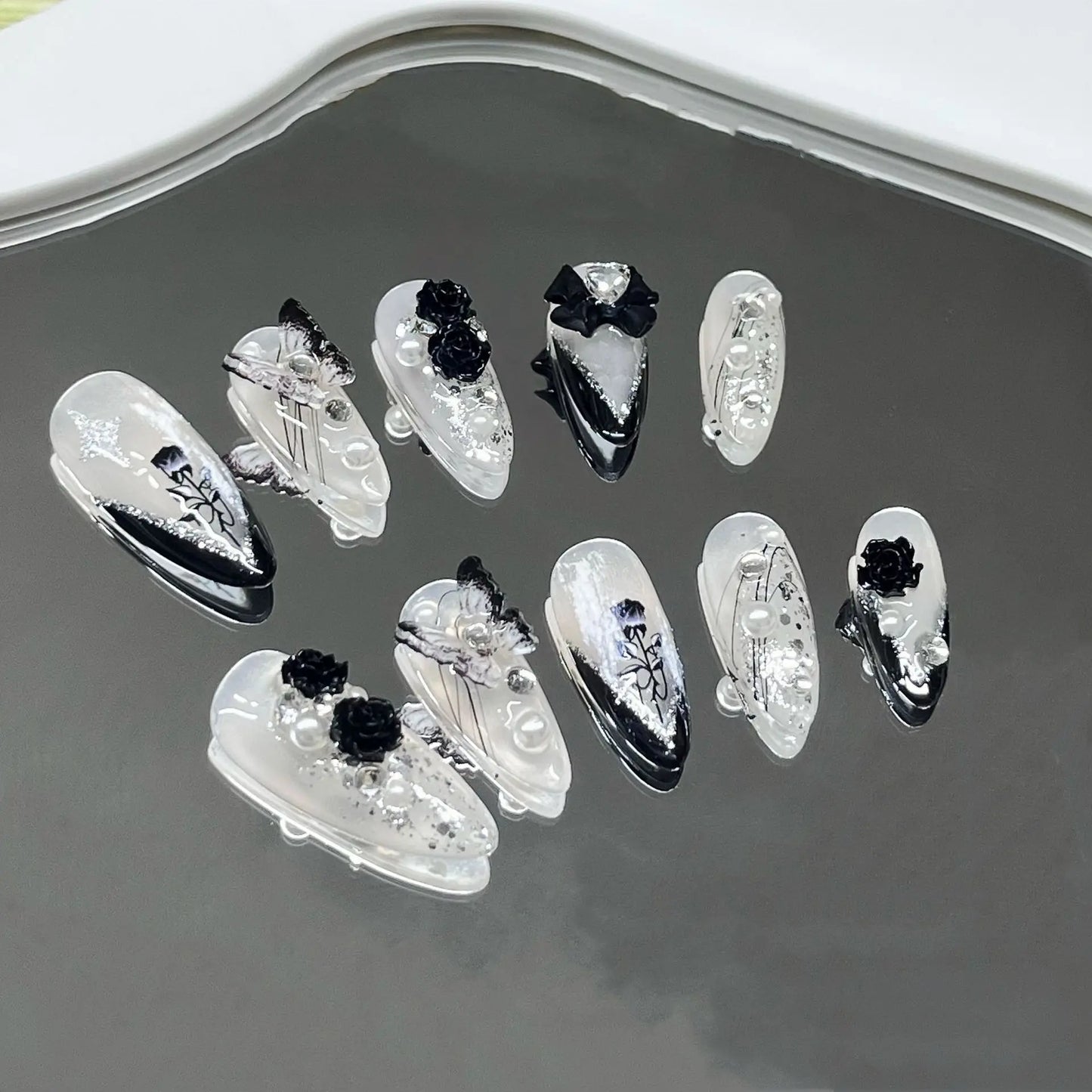 Handmade 3D Black Rose Flower Press-On Nails-0
