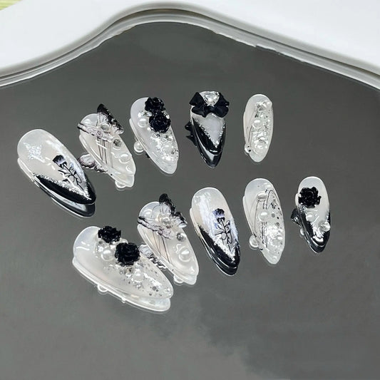 Handmade 3D Black Rose Flower Press-On Nails-0