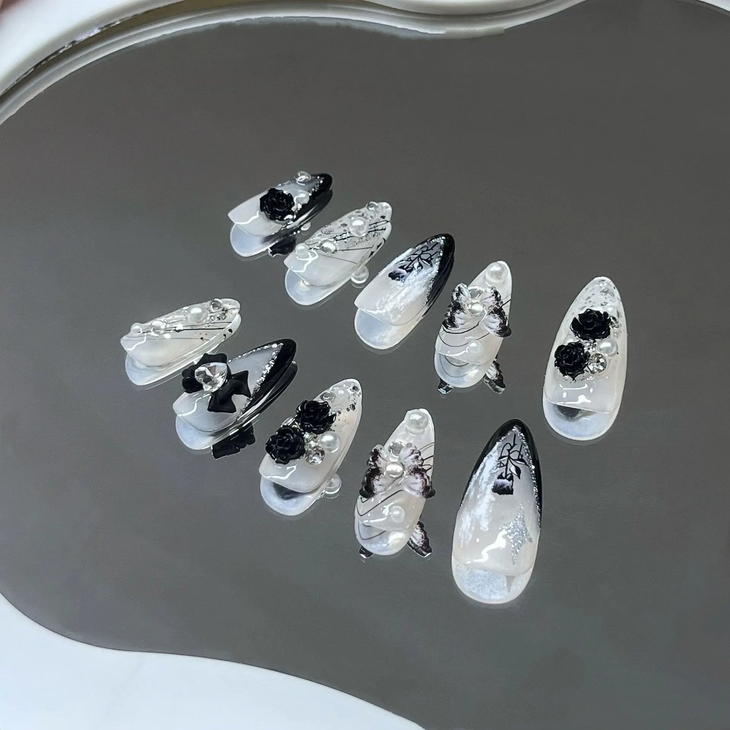 Handmade 3D Black Rose Flower Press-On Nails-1