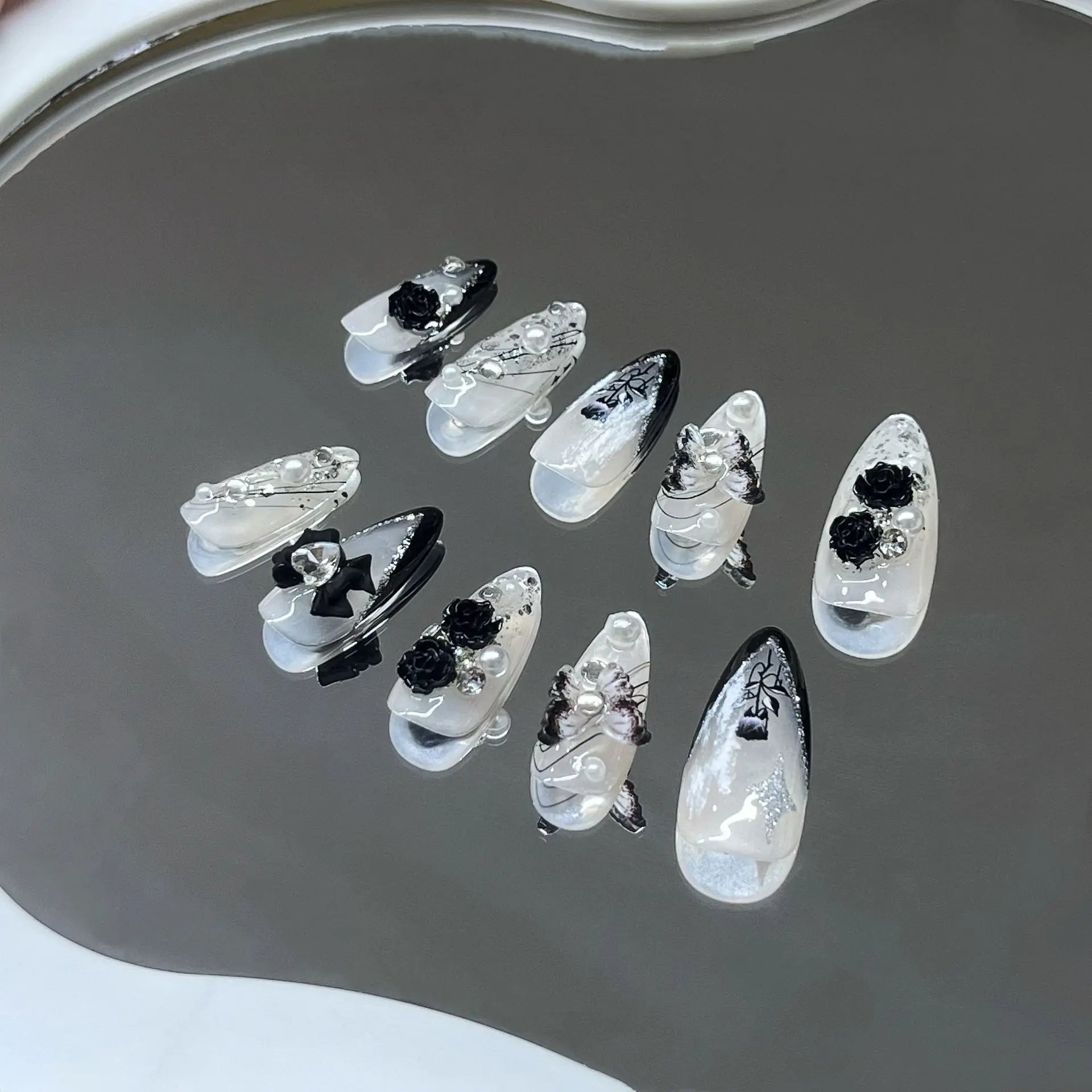 Handmade 3D Black Rose Flower Press-On Nails-1