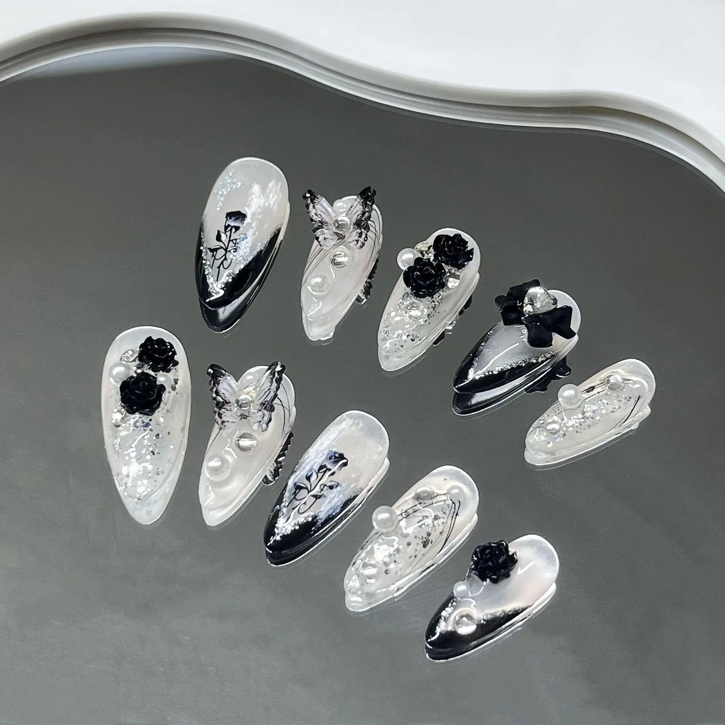 Handmade 3D Black Rose Flower Press-On Nails-2