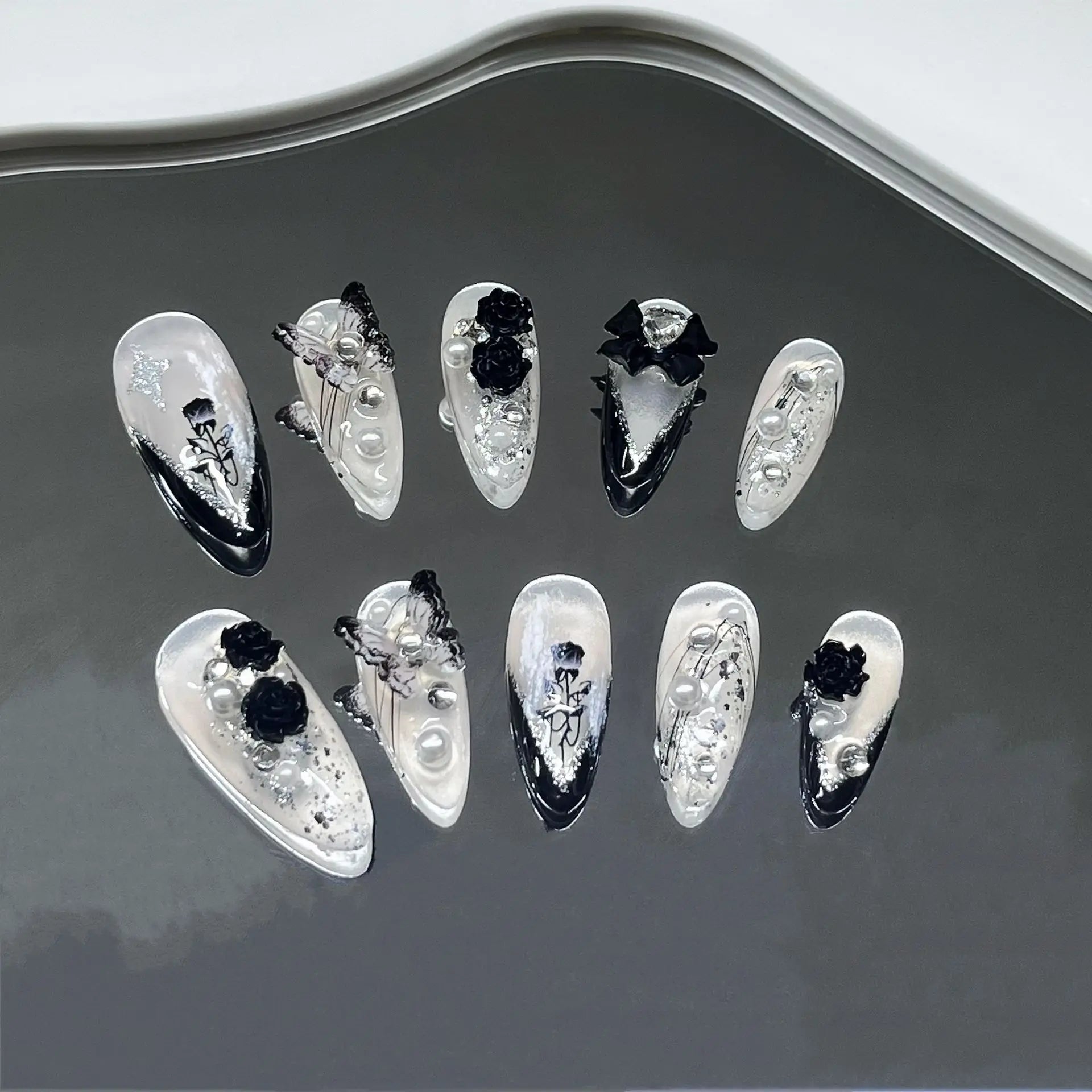 Handmade 3D Black Rose Flower Press-On Nails-3