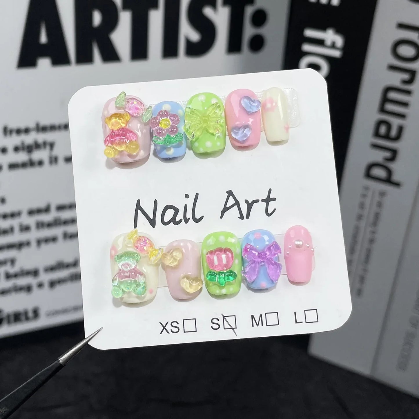 Handmade Cartoon Bear Design Press On Nails-1