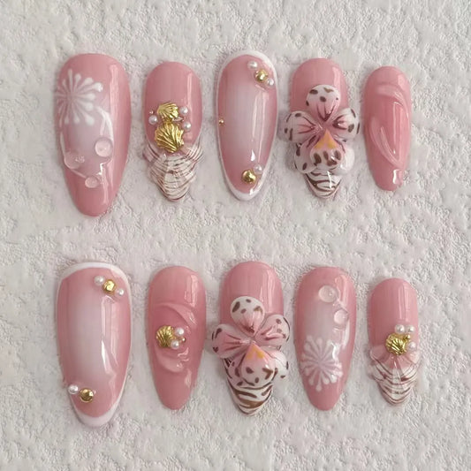 Handmade Press On Nails Set with Flowers-0