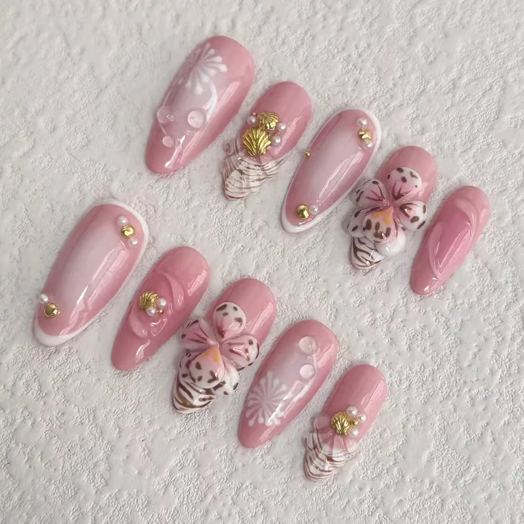 Handmade Press On Nails Set with Flowers-1