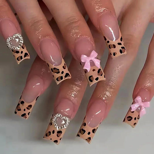 Luxury Ladies Super Long Square French Leopard Print Nails-0