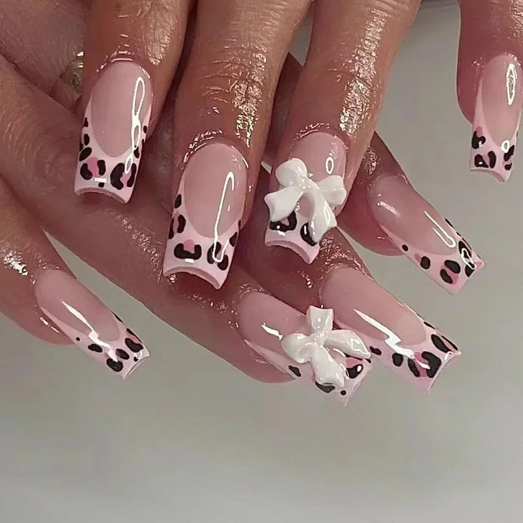 Mid Long Pink Leopard Press-On Nails with Bow-0
