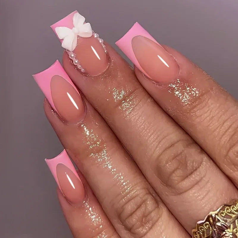 Mid Long Pink Leopard Press-On Nails with Bow-4