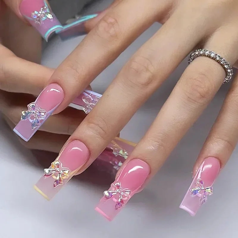 Mid Long Pink Leopard Press-On Nails with Bow-11