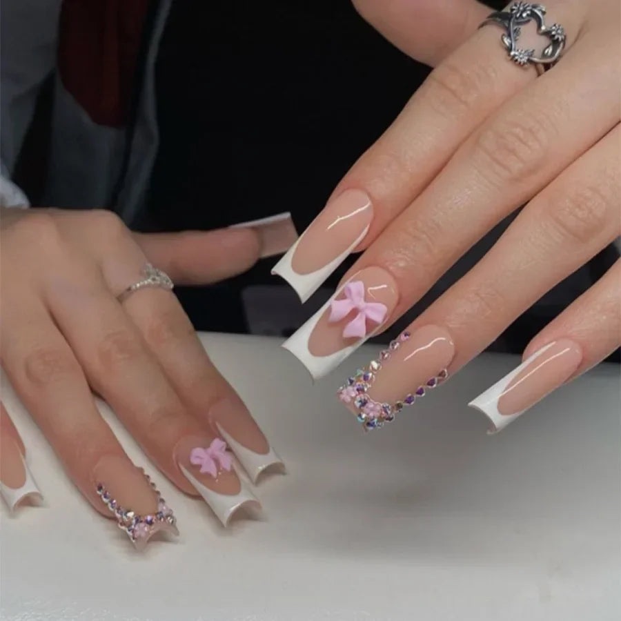 Mid Long Pink Leopard Press-On Nails with Bow-19