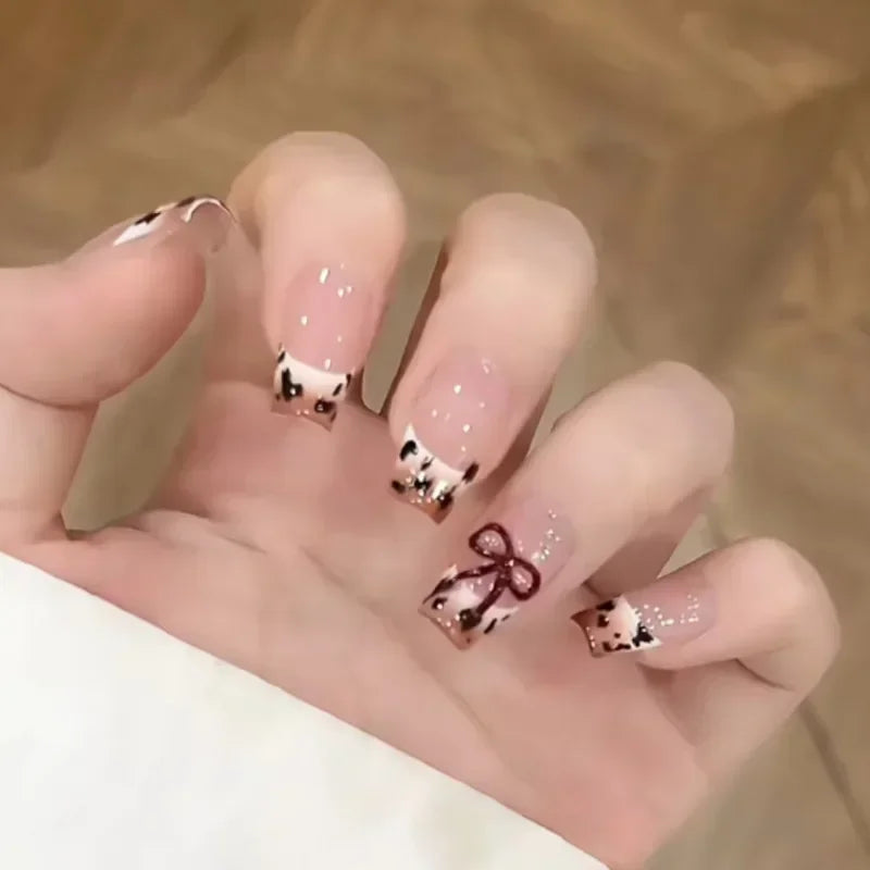 Mid Long Pink Leopard Press-On Nails with Bow-28