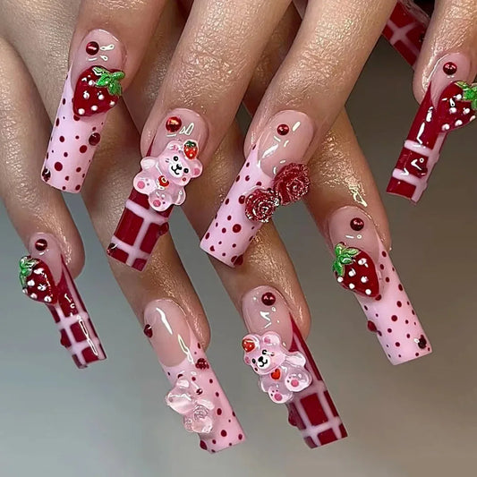 Strawberry & Bear Themed Fake Nails-0